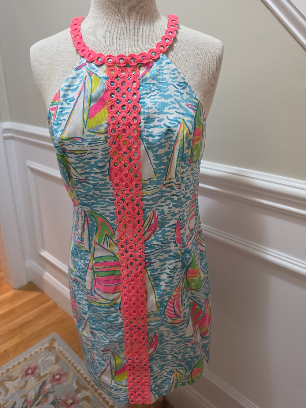 Lilly Pulitzer Sailboat Halter Mini Dress in Aqua & Neon Pink